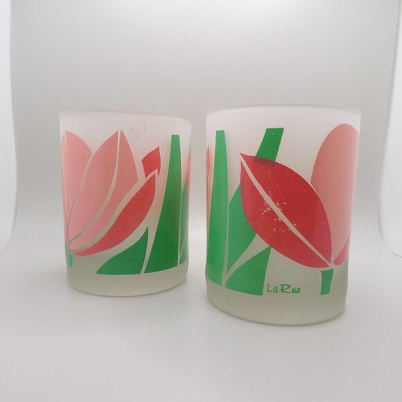 Retro La Rue Tulip Frosted tumbler glasses unique, rare pair - Picture 2 of 7